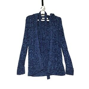 Energy Cardigan Womens Small Cable Knit Fisherman Hooded Career Office Blue